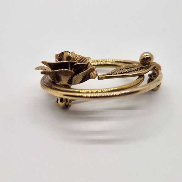 Spiral Circle Pin Brooch Bronze Gold Tone w Mesh Rose Flower VTG Costume Jewelry - Picture 4 of 10